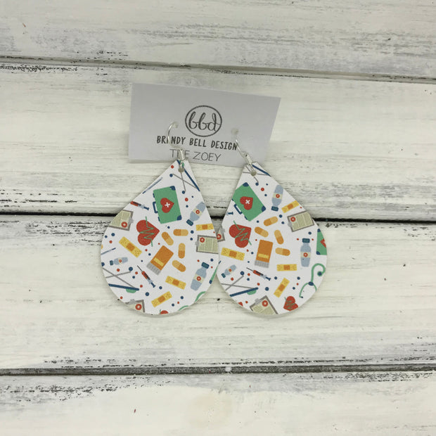 ZOEY (3 sizes available!) - FAUX Leather Earrings (Not real leather) WITH FELT BACK  || <BR> NURSE PRINT