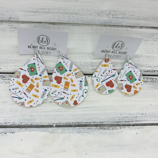 ZOEY (3 sizes available!) - FAUX Leather Earrings (Not real leather) WITH FELT BACK  || <BR> NURSE PRINT