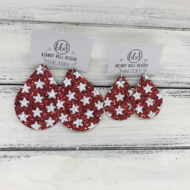 ZOEY (3 sizes available!) -  GLITTER ON CANVAS Earrings  (not leather)  ||  <BR> RED WITH STARS