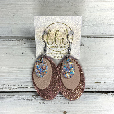 DIANE - Leather Earrings  ||    <BR> PEACHES N CREAM GLITTER (FAUX LEATHER), <BR> MATTE BLUSH PINK, <BR> SHIMMER VINTAGE PINK