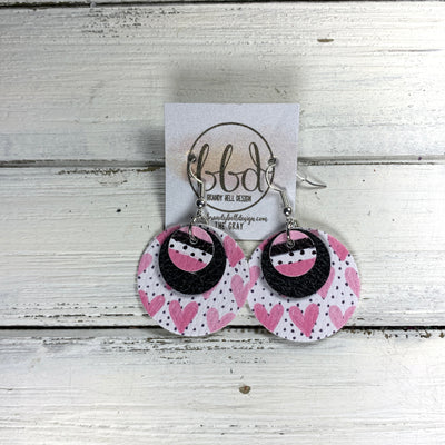 GRAY - Leather Earrings  ||    <BR> PINK & BLACK STRIPES & DOTS (FAUX LEATHER), <BR> MATTE BLACK, <BR> PINK HEARTS ON POLKADOTS (FAUX LEATHER)