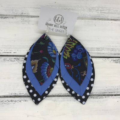 GINGER - Leather Earrings  ||  <BR> PHEONIX FLORAL <BR> PERIWINKLE BLUE <BR> BLACK WITH WHITE POLKADOTS