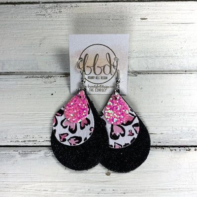 LINDSEY - Leather Earrings  ||    <BR> BUBBLEGUM GLITTER (FAUX LEATHER), <BR> PINK OUTLINE HEARTS ON WHITE (FAUX LEATHER), <BR> SHIMMER BLACK