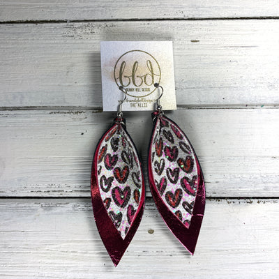 ALLIE - Leather Earrings  ||    <BR> GLITTER HEARTS ON WHITE (FAUX LEATHER), METALLIC PINK SMOOTH