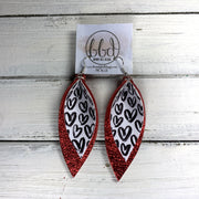 ALLIE - Leather Earrings  ||    <BR> BLACK HEARTS ON WHITE (FAUX LEATHER), METALLIC RED PEBBLED