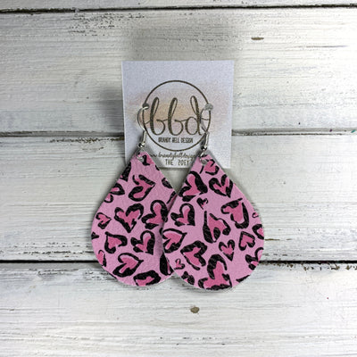 ZOEY (3 sizes available!) -  Leather Earrings  ||   PINK OUTLINE HEARTS ON PINK (FAUX LEATHER)