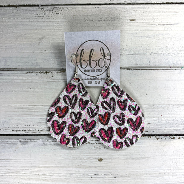 ZOEY (3 sizes available!) -  Leather Earrings  ||   GLITTER HEARTS ON WHITE (FAUX LEATHER)
