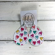 ZOEY (3 sizes available!) -  Leather Earrings  ||   MULTICOLOR HEARTS ON WHITE (FAUX LEATHER)