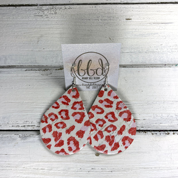 ZOEY (3 sizes available!) -  Leather Earrings  ||   RED ANIMAL PRINT ON WHITE (CORK ON LEATHER)