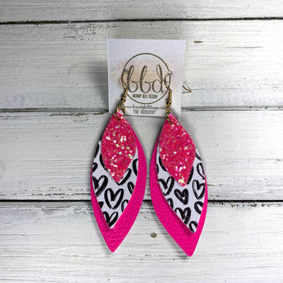 DOROTHY -  Leather Earrings  ||  NEON PINK GLITTER (FAUX LEATHER), BLACK HEARTS ON WHITE (FAUX LEATHER), MATTE NEON PINK