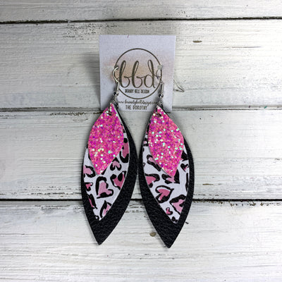 DOROTHY -  Leather Earrings  ||  BUBBLEGUM GLITTER (FAUX LEATHER), PINK OUTLINE HEARTS ON WHITE (FAUX LEATHER), MATTE BLACK