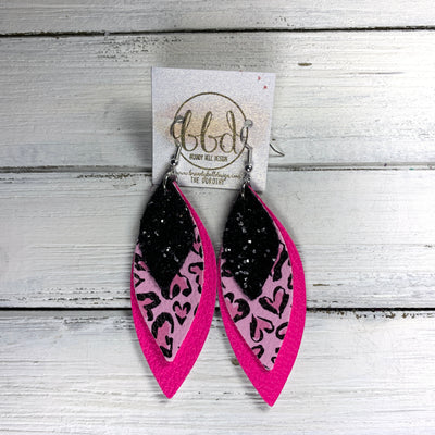 DOROTHY -  Leather Earrings  ||  CHUNKY BLACK GLITTER (FAUX LEATHER), PINK OUTLINE HEARTS ON PINK (FAUX LEATHER), MATTE NEON PINK