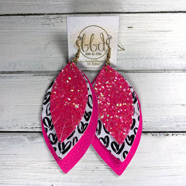 GINGER -  Leather Earrings  ||  NEON PINK GLITTER (FAUX LEATHER), BLACK OUTLINE HEARTS ON WHITE (FAUX LEATHER), MATTE NEON PINK