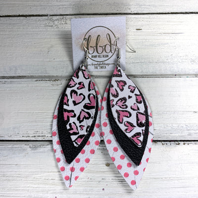 INDIA -  Leather Earrings  ||  PINK OUTLINE HEARTS ON WHITE (FAUX LEATHER), MATTE BLACK, PINK POLKADOTS ON WHITE