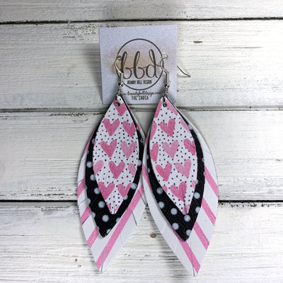 INDIA -  Leather Earrings  ||  PINK HEARTS ON POLKADOTS (FAUX LEATHER), BLACK & WHITE POLKADOTS, PINK AND WHITE STRIPES
