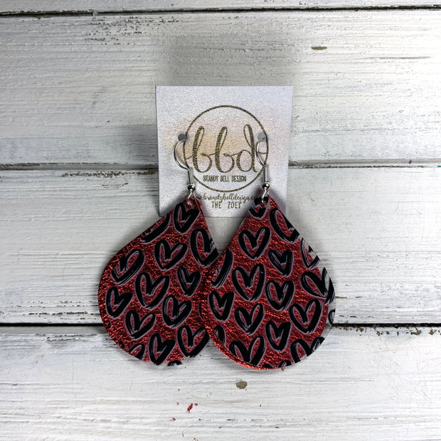 ZOEY (DOUBLE LAYER)-  Leather Earrings  ||   CLEAR BLACK HEARTS (FAUX LEATHER), METALLIC RED PEBBLED