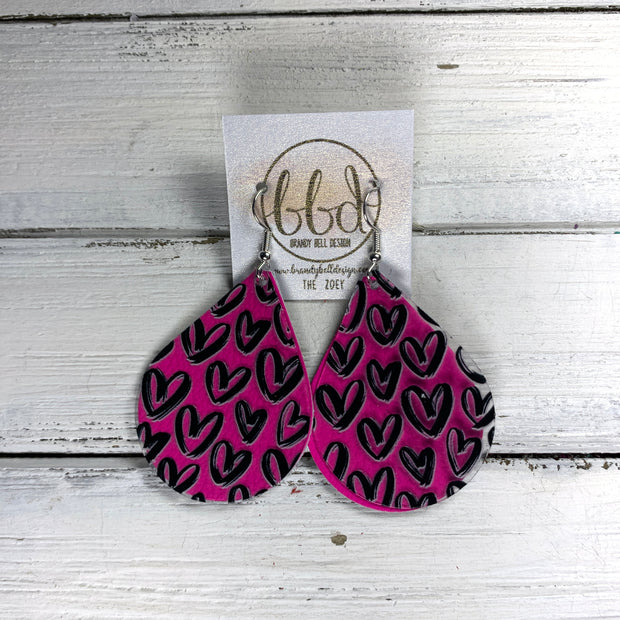 ZOEY (DOUBLE LAYER)-  Leather Earrings  ||   CLEAR BLACK HEARTS (FAUX LEATHER), MATTE NEON PINK