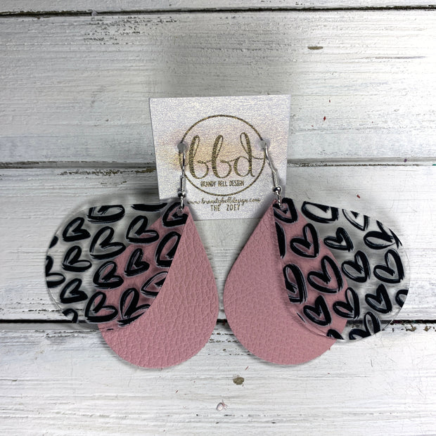 ZOEY (DOUBLE LAYER)-  Leather Earrings  ||   CLEAR BLACK HEARTS (FAUX LEATHER), MATTE BLUSH PINK
