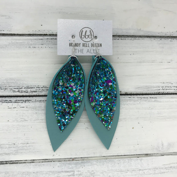 ALLIE -  Leather Earrings  || <BR> UNDER THE SEA GLITTER (FAUX LEATHER)<BR> MATTE DUSTY AQUA
