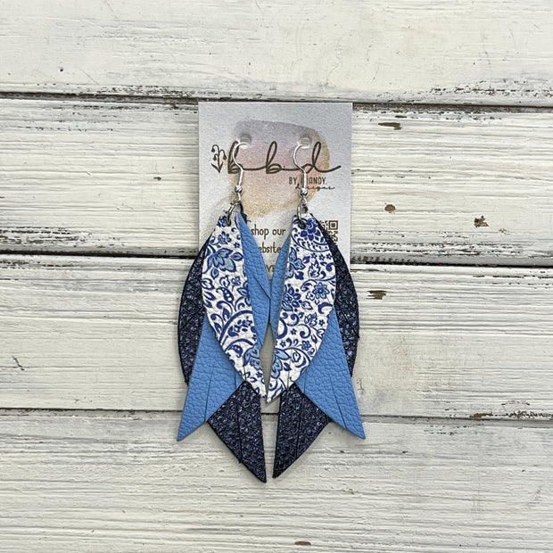 ANDY -  Leather Earrings  ||   <BR> BLUE & WHITE FLORAL, <BR> MATTE CAROLINA BLUE, <BR> METALLIC NAVY* BLUE PEBBLED