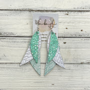 ANDY -  Leather Earrings  ||   <BR> AQUA MINT GLITTER (FAUX LEATHER), <BR> WHITE BASKETWEAVE, <BR> AQUA & WHITE LEAVES