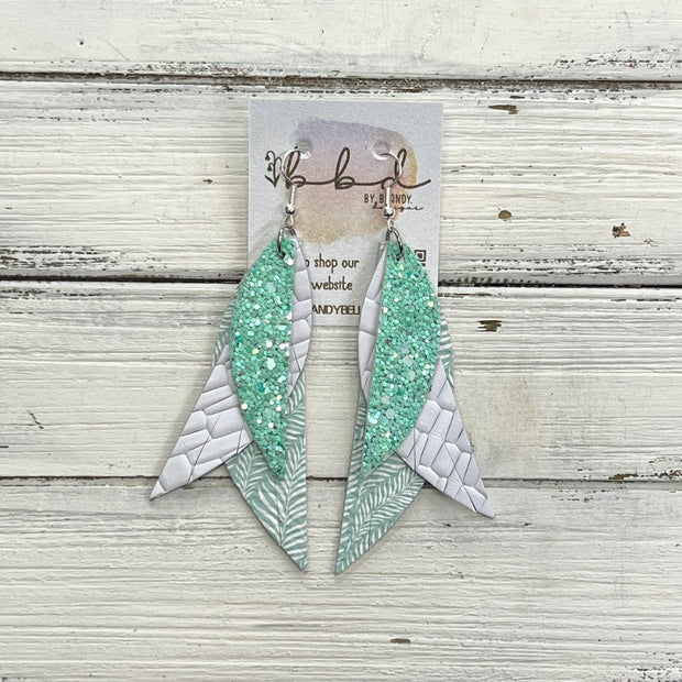 ANDY -  Leather Earrings  ||   <BR> AQUA MINT GLITTER (FAUX LEATHER), <BR> WHITE BASKETWEAVE, <BR> AQUA & WHITE LEAVES