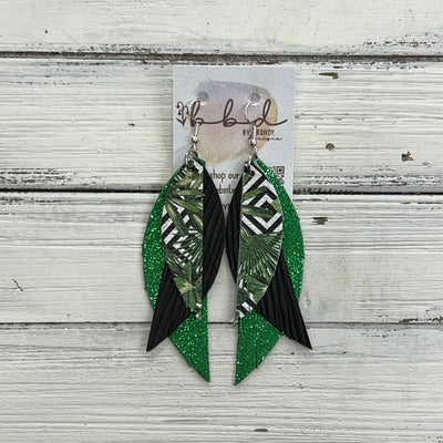 ANDY -  Leather Earrings  ||   <BR> BLACK & WHITE GEOMETRIC PALMS, <BR> BLACK PALMS, <BR> SPARKLE GREEN