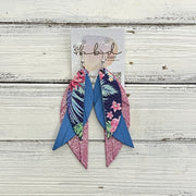 ANDY -  Leather Earrings  ||   <BR> TROPICAL FLORAL ON NAVY BLUE, <BR> MATTE PERIWINKLE, <BR> SHIMMER BUBBLEGUM PINK