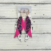 ANDY -  Leather Earrings  ||   <BR> THATS MY JAM GLITTER (FAUX LEATHER), <BR> MATTE NEON PINK, <BR> WHITE WITH BLACK DASHES