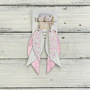 ANDY -  Leather Earrings  ||   <BR> COTTON CANDY GLITTER (FAUX LEATHER), <BR> WHITE BRAID, <BR> METALLIC LIGHT PINK PEBBLED