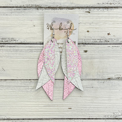 ANDY -  Leather Earrings  ||   <BR> COTTON CANDY GLITTER (FAUX LEATHER), <BR> WHITE BRAID, <BR> METALLIC LIGHT PINK PEBBLED
