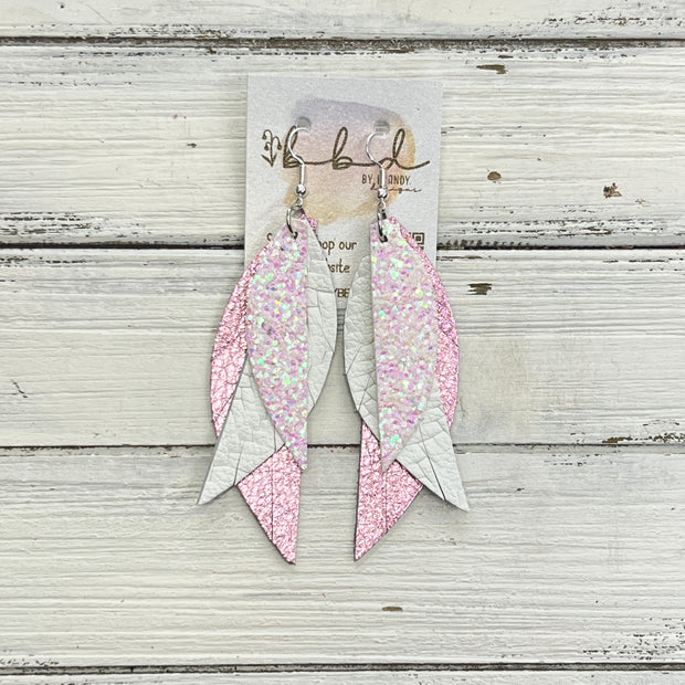 ANDY -  Leather Earrings  ||   <BR> COTTON CANDY GLITTER (FAUX LEATHER), <BR> WHITE BRAID, <BR> METALLIC LIGHT PINK PEBBLED