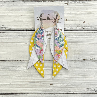 ANDY -  Leather Earrings  ||   <BR> FUN SPRING FLORAL, <BR> MATTE WHITE, <BR> YELLOW WITH WHITE POLKADOTS