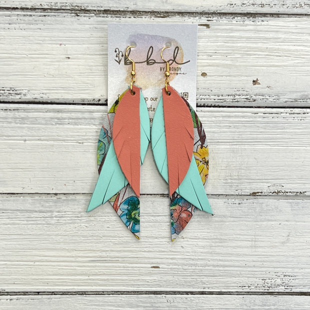 ANDY -  Leather Earrings  ||   <BR> MATTE SALMON, <BR> AQUA MINT SMOOTH, <BR> ORANGE WATERCOLOR FLORAL