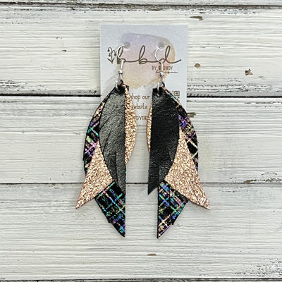 ANDY -  Leather Earrings  ||   <BR> METALLIC BLACK SMOOTH, <BR> METALLIC ROSE GOLD PEBBLED, <BR> IRIDESCENT METALLIC PLAID