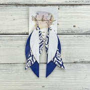 ANDY -  Leather Earrings  ||   <BR> MATTE WHITE, <BR> BLUE & WHITE TURKISH TILES, <BR> ELECTRIC COBALT BLUE