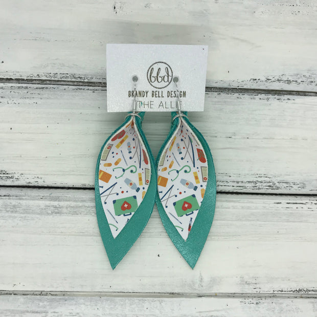 ALLIE -  Leather Earrings  || <BR> NURSE PRINT (FAUX LEATHER)<BR> PEARLIZED AQUA