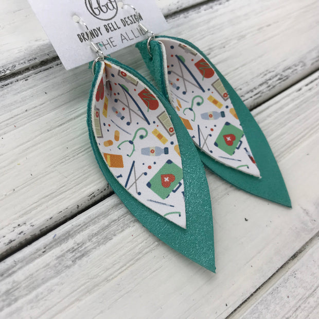 ALLIE -  Leather Earrings  || <BR> NURSE PRINT (FAUX LEATHER)<BR> PEARLIZED AQUA
