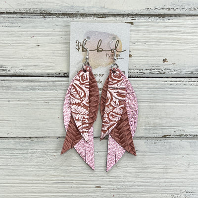 ANDY -  Leather Earrings  ||   <BR> METALLIC PINK WESTERN FLORAL, <BR>SALMON BRAID, <BR> METALLIC LIGHT PINK PEBBLED