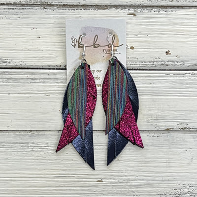 ANDY -  Leather Earrings  ||   <BR> MULTICOLOR DARK STRIPES, <BR>SHIMMER MAGENTA, <BR> METALLIC NAVY* BLUE SMOOTH