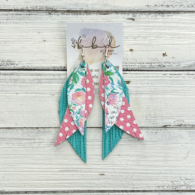 ANDY -  Leather Earrings  ||   <BR> TINY PINK & TURQUOISE FLORAL, <BR>PINK WITH WHITE POLKADOTS, <BR> AQUA PALMS
