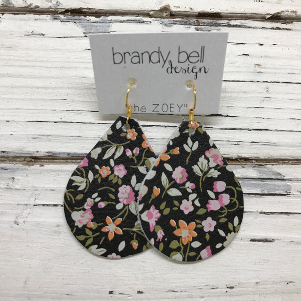 ZOEY (3 sizes available!) -  Leather Earrings  || TINY PINK FLORAL ON BLACK
