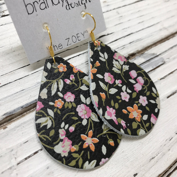 ZOEY (3 sizes available!) -  Leather Earrings  || TINY PINK FLORAL ON BLACK