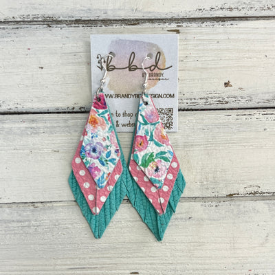 COLLEEN -  Leather Earrings  ||    <BR> TINY PINK & TURQUOISE FLORAL, <BR>PINK WITH WHITE POLKADOTS, <BR> AQUA PALMS