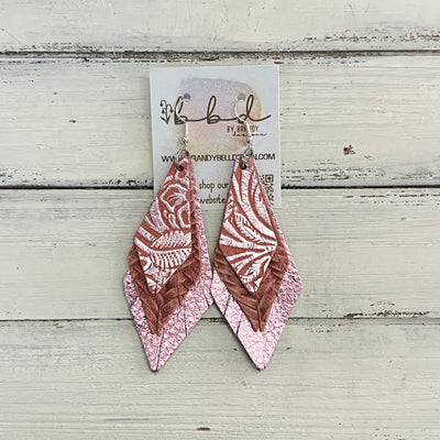 COLLEEN -  Leather Earrings  ||    <BR> METALLIC PINK WESTERN FLORAL, <BR>SALMON BRAID, <BR> METALLIC LIGHT PINK PEBBLED
