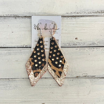 COLLEEN -  Leather Earrings  ||    <BR> BLACK WITH ROSE GOLD POLKADOT, <BR> LEOPARD PRINT, <BR> METALLIC ROSE GOLD PEBBLED