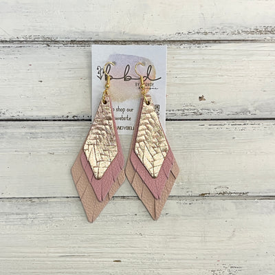 COLLEEN -  Leather Earrings  ||    <BR> METALLIC ROSE GOLD BRAID, <BR> MATTE LIGHT PINK, <BR> MATTE BLUSH PINK