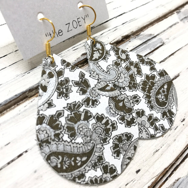 ZOEY (3 sizes available!) -  Leather Earrings  || SILVER & GOLD PAISLEY
