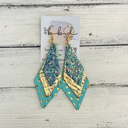 COLLEEN -  Leather Earrings  ||    <BR> OCEAN GLITTER (FAUX LEATHER), <BR> METALLIC GOLD PANAMA WEAVE, <BR> AQUA WITH GOLD POLKADOTS