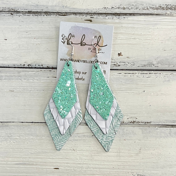 COLLEEN -  Leather Earrings  ||    <BR> AQUA MINT GLITTER (FAUX LEATHER), <BR> WHITE BASKETWEAVE, <BR> AQUA & WHITE LEAVES